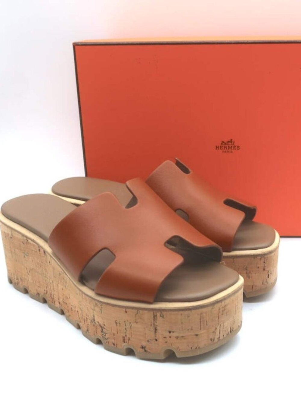 Hermes Eze 30 Cork Platform Wedge Sandals Brown Leather Size 36